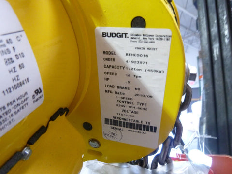 NEW BUDGIT 1/2 TON CHAIN HOIST BEHC5016 20' CHAIN W/ MOTOR DRIVEN TROLLEY MDT01