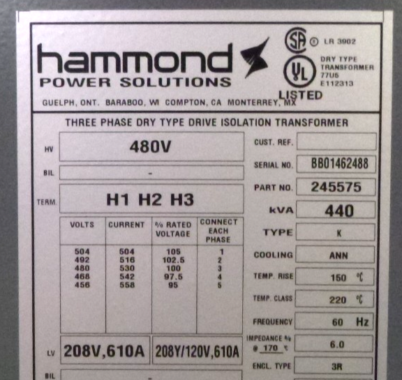 New Hammond Transformer 440 KVA 480 Volt Primary 208Y/120V Secondary Type K 3R | Electrical MRO Replacement Parts &amp; Components and Commercial Electrical Supplies Company