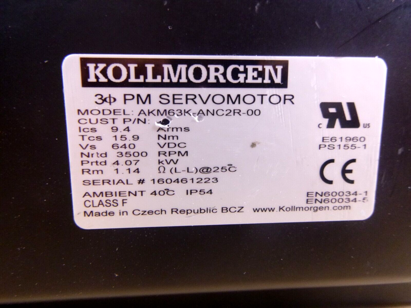 Kollmorgen AKM63K-ANC2R-00 Brushless DC Servo Motor 640 Vdc, 3500 Rpm | Industrial Electric Motors, Pumps &amp; Parts