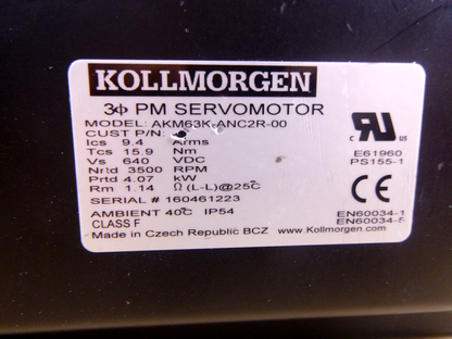 Kollmorgen AKM63K-ANC2R-00 Brushless DC Servo Motor 640 Vdc, 3500 Rpm | Industrial Electric Motors, Pumps &amp; Parts