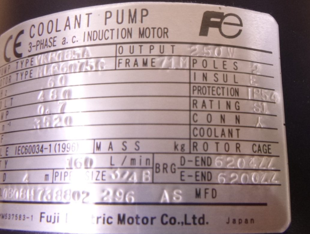 480V FUJI VKP085A 3-Phase Coolant Pump 250W 71M 2Pole 3/4" NPT MLP6075C 160L/MIN | Industrial Electric Motors, Pumps &amp; Parts
