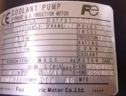 480V FUJI VKP085A 3-Phase Coolant Pump 250W 71M 2Pole 3/4" NPT MLP6075C 160L/MIN | Industrial Electric Motors, Pumps &amp; Parts