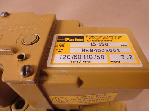 Parker HHB4005001 Pneumatic Solenoid Valve 15-150PSI , 120/60-110/50 , HHB400