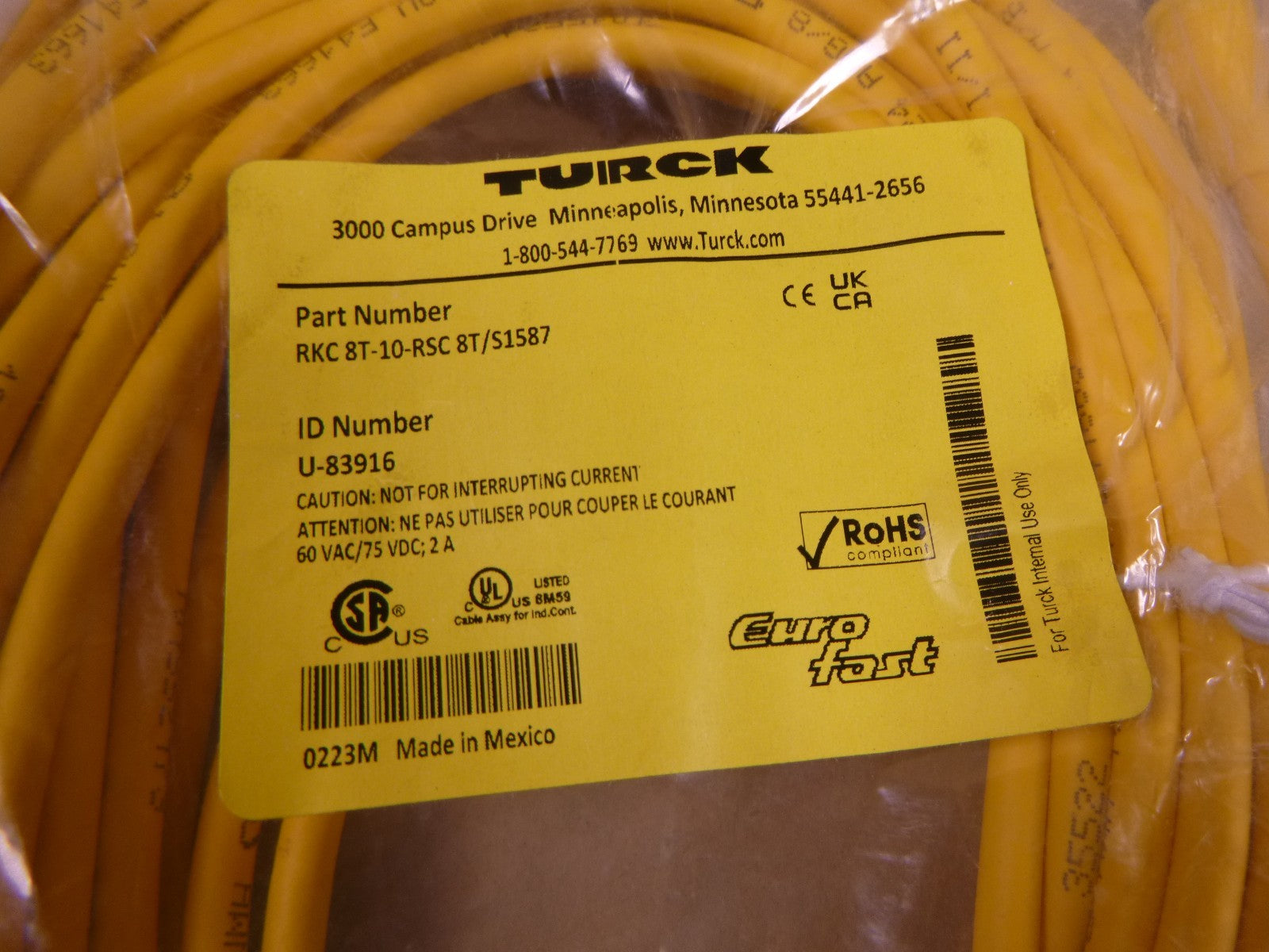 Turck RKC 8T-10-RSC 8T/S1587 Cordset, 8 Pin Male To 8 Pin Female, U-83916 | Electrical MRO Replacement Parts &amp; Components and Commercial Electrical Supplies Company