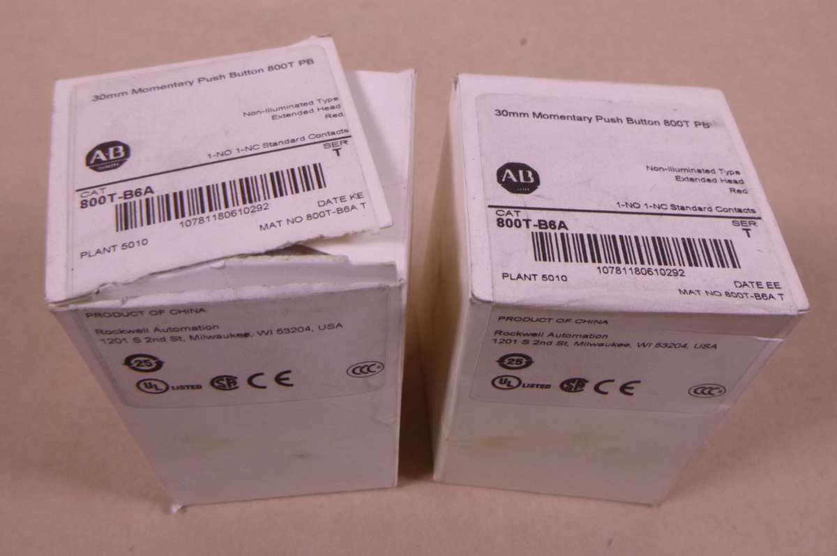 (2x) ALLEN BRADLEY 800T-B6A Pushbutton Extended Head Red 800T 30mm , Ser T | Electrical MRO Replacement Parts &amp; Components and Commercial Electrical Supplies Company