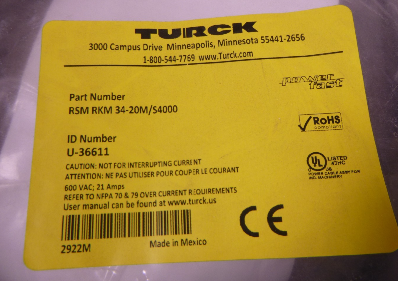 TURCK RSM RKM 34-20M/S4000, POWERFAST Cordset 3-Pin 600VAC , U-36611 | Electrical MRO Replacement Parts &amp; Components and Commercial Electrical Supplies Company