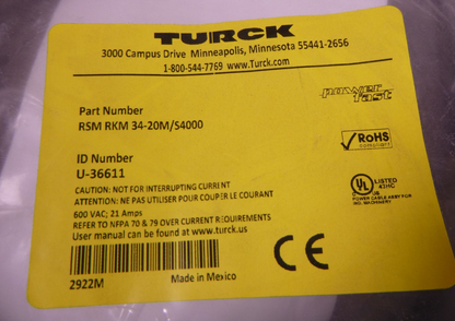 TURCK RSM RKM 34-20M/S4000, POWERFAST Cordset 3-Pin 600VAC , U-36611 | Electrical MRO Replacement Parts &amp; Components and Commercial Electrical Supplies Company