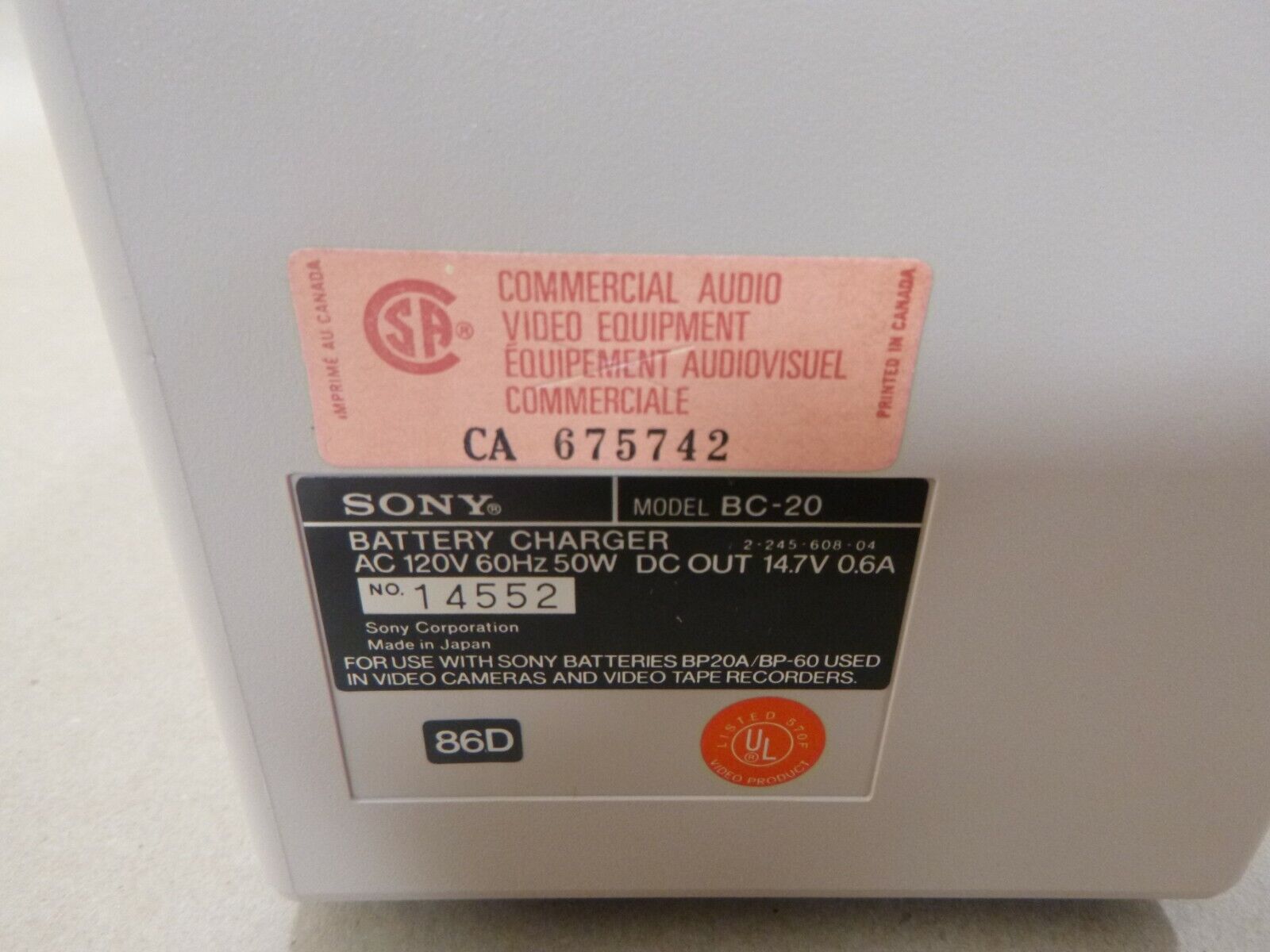 SONY BC-20 BATTERY CHARGER 120V 60HZ 50W 14.7V FOR BP20A BP-60 BATTERIES | Electrical MRO Replacement Parts &amp; Components and Commercial Electrical Supplies Company