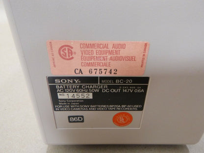 SONY BC-20 BATTERY CHARGER 120V 60HZ 50W 14.7V FOR BP20A BP-60 BATTERIES | Electrical MRO Replacement Parts &amp; Components and Commercial Electrical Supplies Company