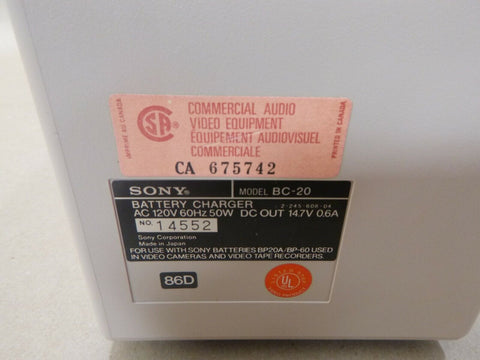 SONY BC-20 BATTERY CHARGER 120V 60HZ 50W 14.7V FOR BP20A BP-60 BATTERIES | Electrical MRO Replacement Parts & Components and Commercial Electrical Supplies Company