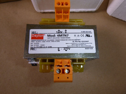 DAYTON 4MTN7 Isolating Transformer In 277V Out 120V 75VA