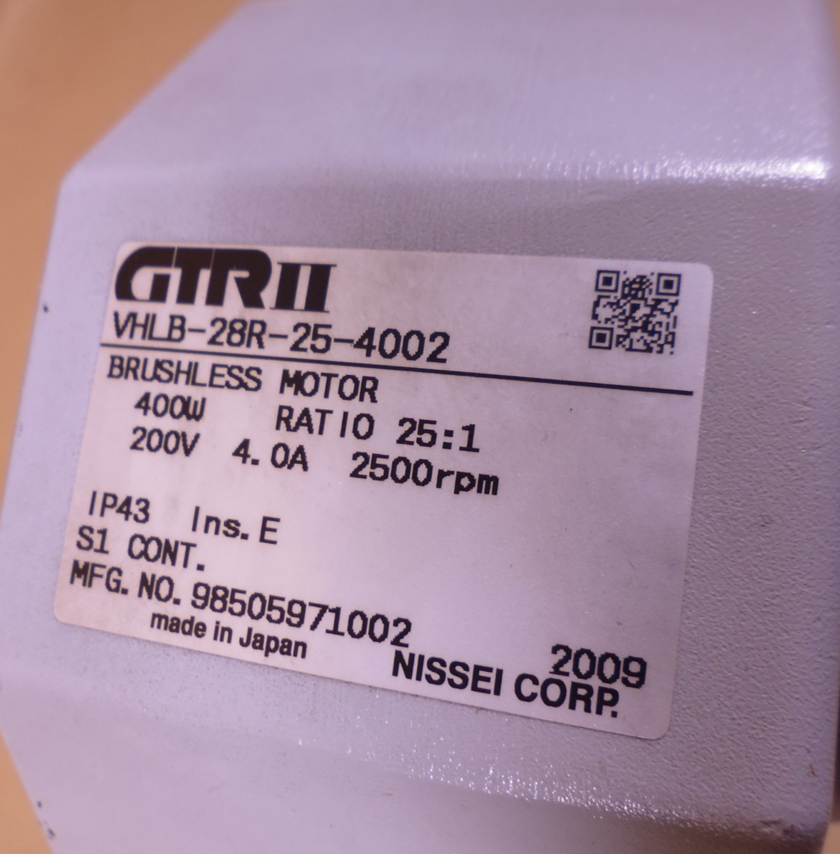Nissei GTR II Brushless Induction Motor VHLB-28R-25-4002 400W 200V 25:1 2500RPM | Industrial Electric Motors, Pumps &amp; Parts