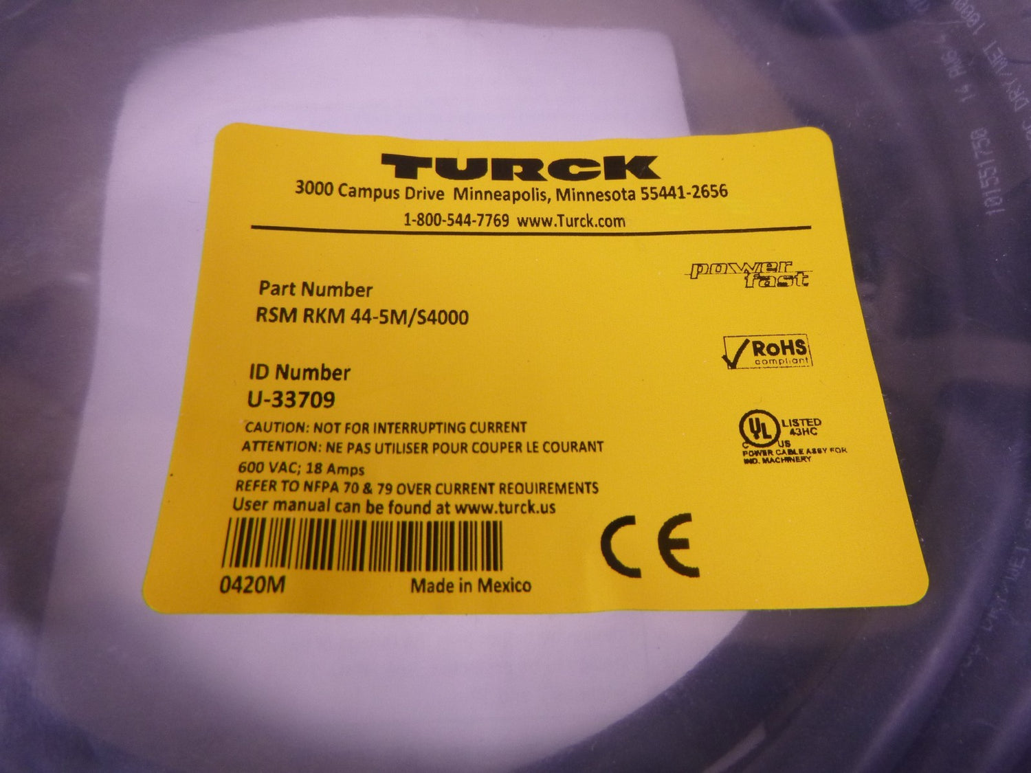 Turck RSM RKM 44-5M/S4000 Power Cordset 7/8" Male To Female 4-Pin 5M , U-33709 | Electrical MRO Replacement Parts &amp; Components and Commercial Electrical Supplies Company