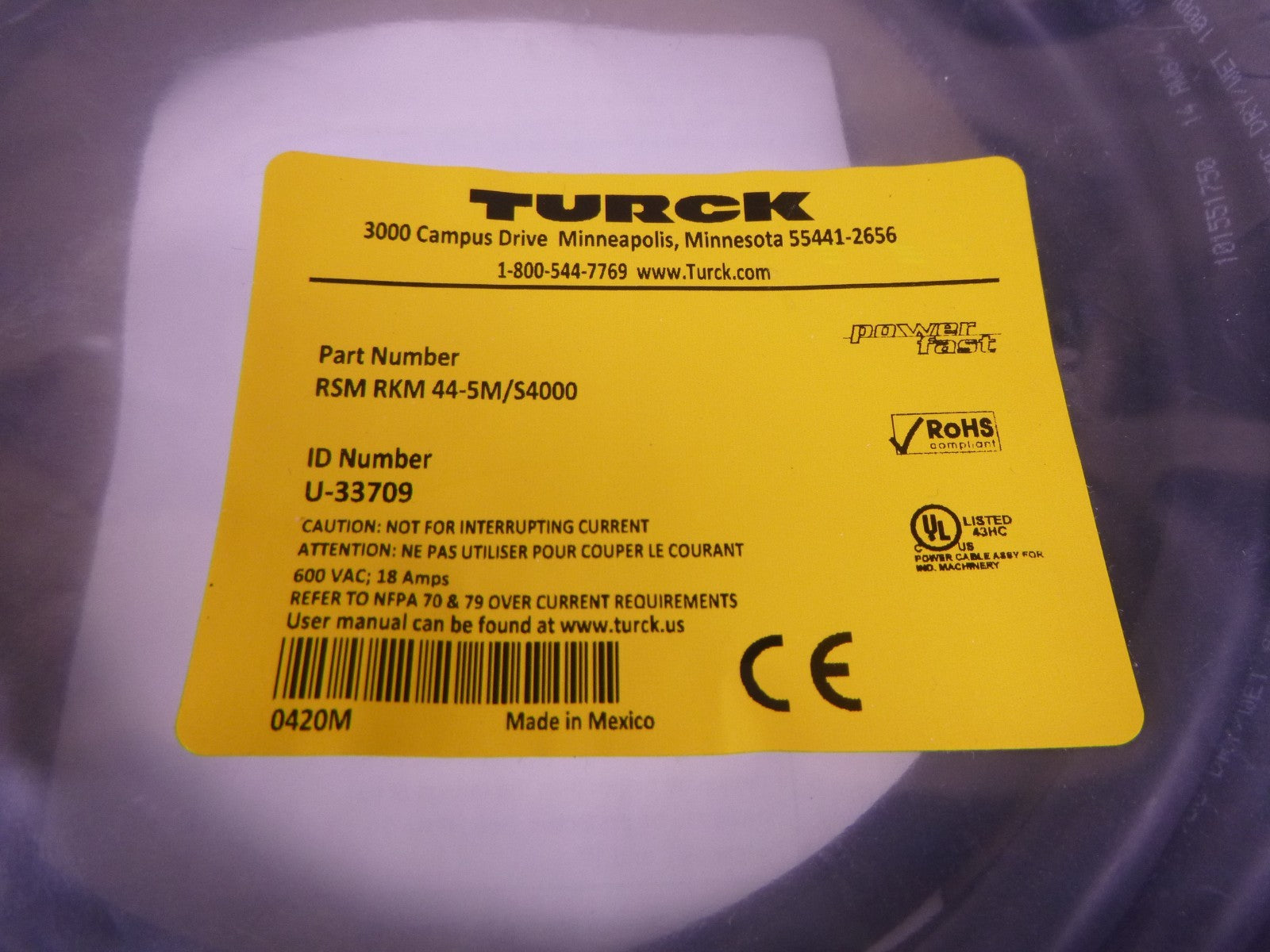 Turck RSM RKM 44-5M/S4000 Power Cordset 7/8" Male To Female 4-Pin 5M , U-33709 | Electrical MRO Replacement Parts &amp; Components and Commercial Electrical Supplies Company