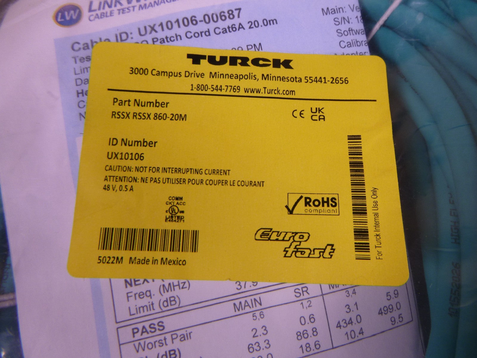 TURCK RSSX RSSX 860-20M Industrial Ethernet Cable 20M 8-Pin Euro Fast, UX10106 | Electrical MRO Replacement Parts &amp; Components and Commercial Electrical Supplies Company