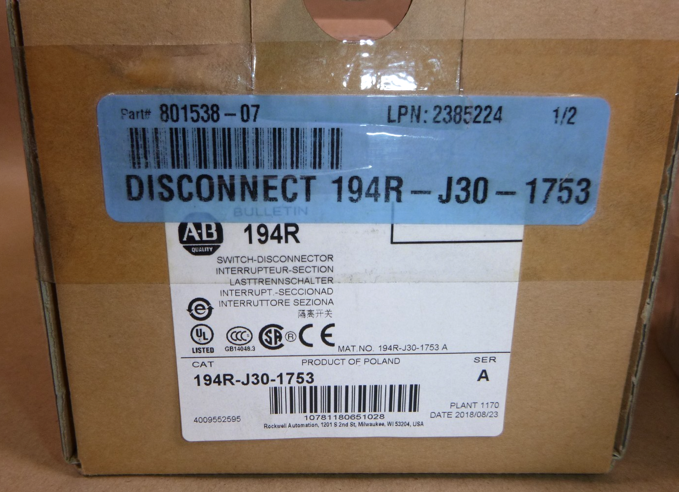 194R-J30-1753 Allen Bradley NEW In Box 30A Disconnect Switch 194RJ301753 