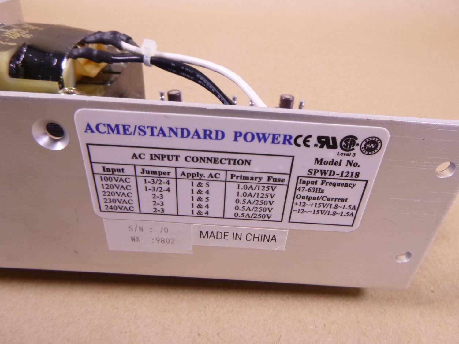 ACME Standard Power SPWD-1218 Power Supply , 100-240VAC, 47-63Hz *DING* | Electrical MRO Replacement Parts &amp; Components and Commercial Electrical Supplies Company