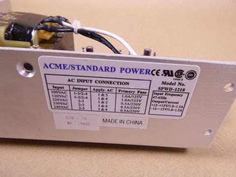 ACME Standard Power SPWD-1218 Power Supply , 100-240VAC, 47-63Hz