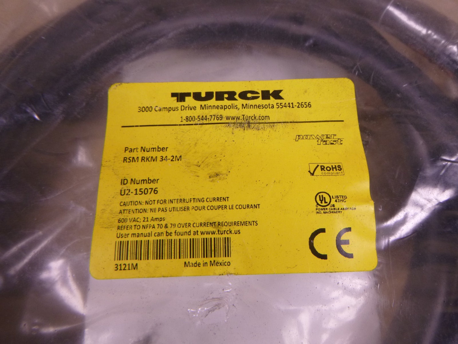 TURCK RSM RKM 34-2M Cordset 3-Pin M To F , 600V 21A , U2-15076 , 2M | Electrical MRO Replacement Parts &amp; Components and Commercial Electrical Supplies Company