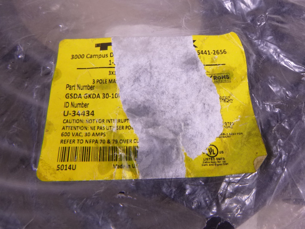 Turck GSDA GKDA 30-10M/S4000 Powerfast Cordset 600VAC 30A 3-Pin M F , U-34434