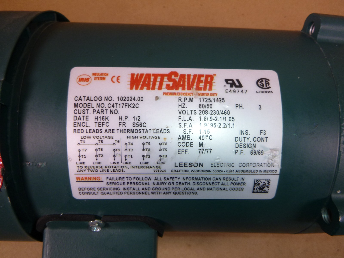 1/2 Hp 1725 Rpm 56C Fr. Footed TEFC 3 Phase Leeson Electric Motor 102024 New