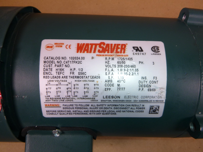 1/2 Hp 1725 Rpm 56C Fr. Footed TEFC 3 Phase Leeson Electric Motor 102024 New