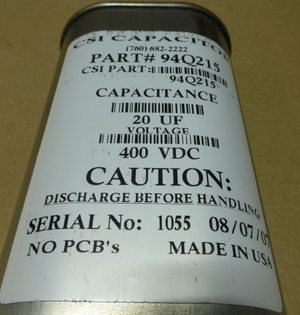 CSI Metal Case Capacitor , 400VDC 20UF, Made in USA , 94Q215