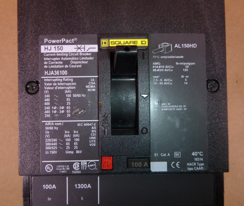 HJA36100 Square D Circuit Breaker, PowerPacT H, 100A, 3 pole, 600VAC, 25kA, | Electrical MRO Replacement Parts & Components and Commercial Electrical Supplies Company