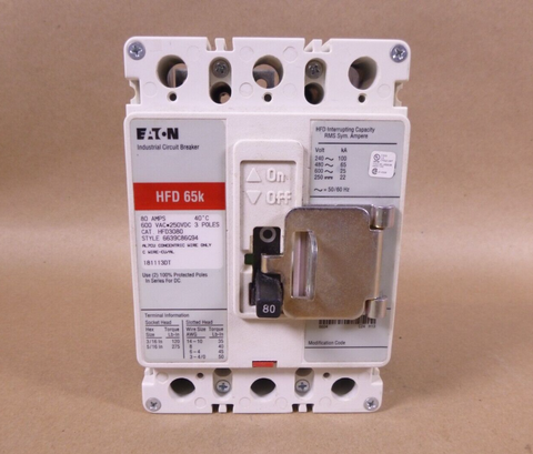 Eaton HFD3080 80 Amps 3-Pole 600 VAC 250 VDC Circuit Breaker W/ Padlock latch