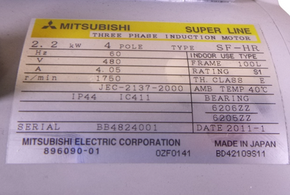 Mitsubishi SF-HR Super Line 2.2kW 3-Phase Induction Motor 4 Pole 100L 480V 60HZ | Industrial Electric Motors, Pumps &amp; Parts
