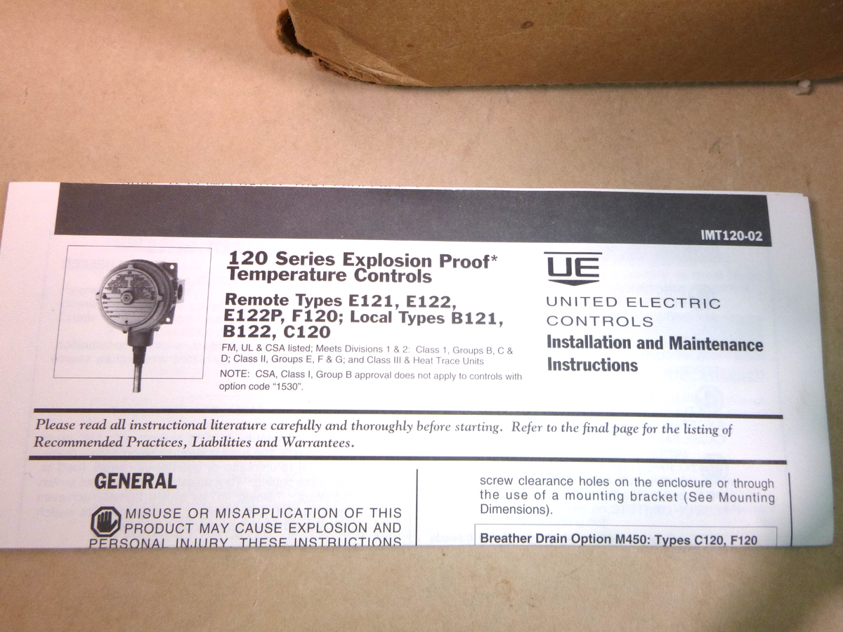 New United Electric B121-120 Explosion Proof Temperature Switch 0-225 Deg. F