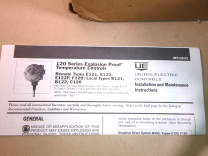 New United Electric B121-120 Explosion Proof Temperature Switch 0-225 Deg. F