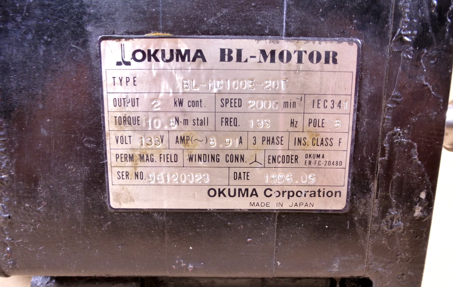 BL-MC100E-20T Okuma Servo Motor 2 KW 133 Volts 133 Hz | Industrial Electric Motors, Pumps &amp; Parts