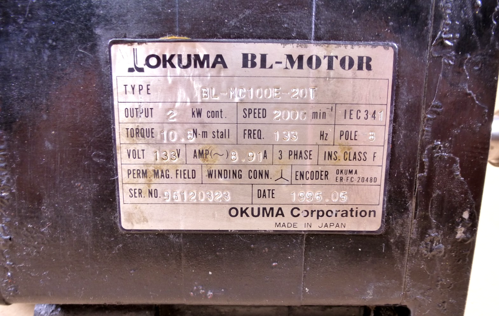 BL-MC100E-20T Okuma Servo Motor 2 KW 133 Volts 133 Hz | Industrial Electric Motors, Pumps & Parts
