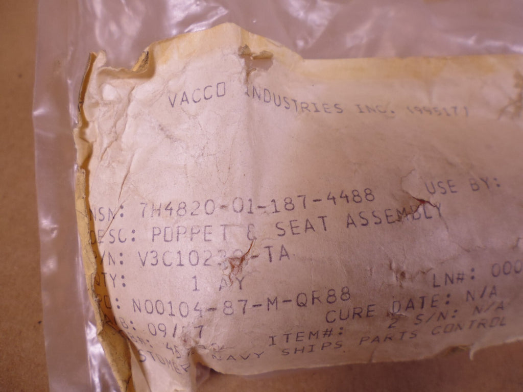 Vacco V3C10230-TA Poppet & Seat Assembly For 5VL , 4820-01-187-4488 | Industrial MRO Replacement Parts, Manufacturing Machine Parts & Components, Heavy Equipment Parts Supplier