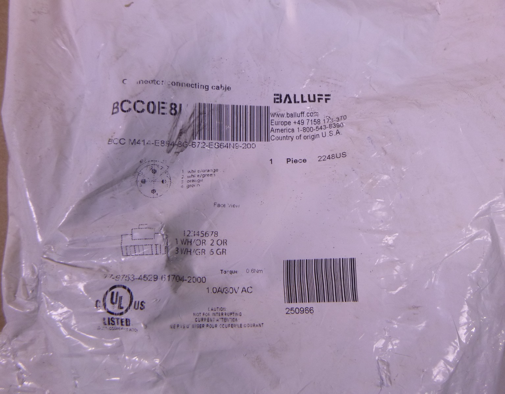 Balluff BCC0E8U BCC M414-E894-8G-672-ES64N9-200 Ethernet Cable RJ45 to M12 20M