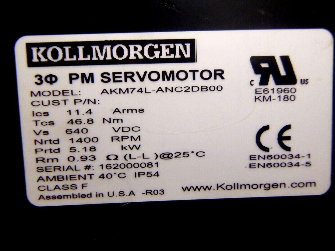 New Kollmorgen AKM74L-ANC2DB00 Servo Motor 5.18 KW, 640 Volt DC, 1400 Rpm | Industrial Electric Motors, Pumps &amp; Parts
