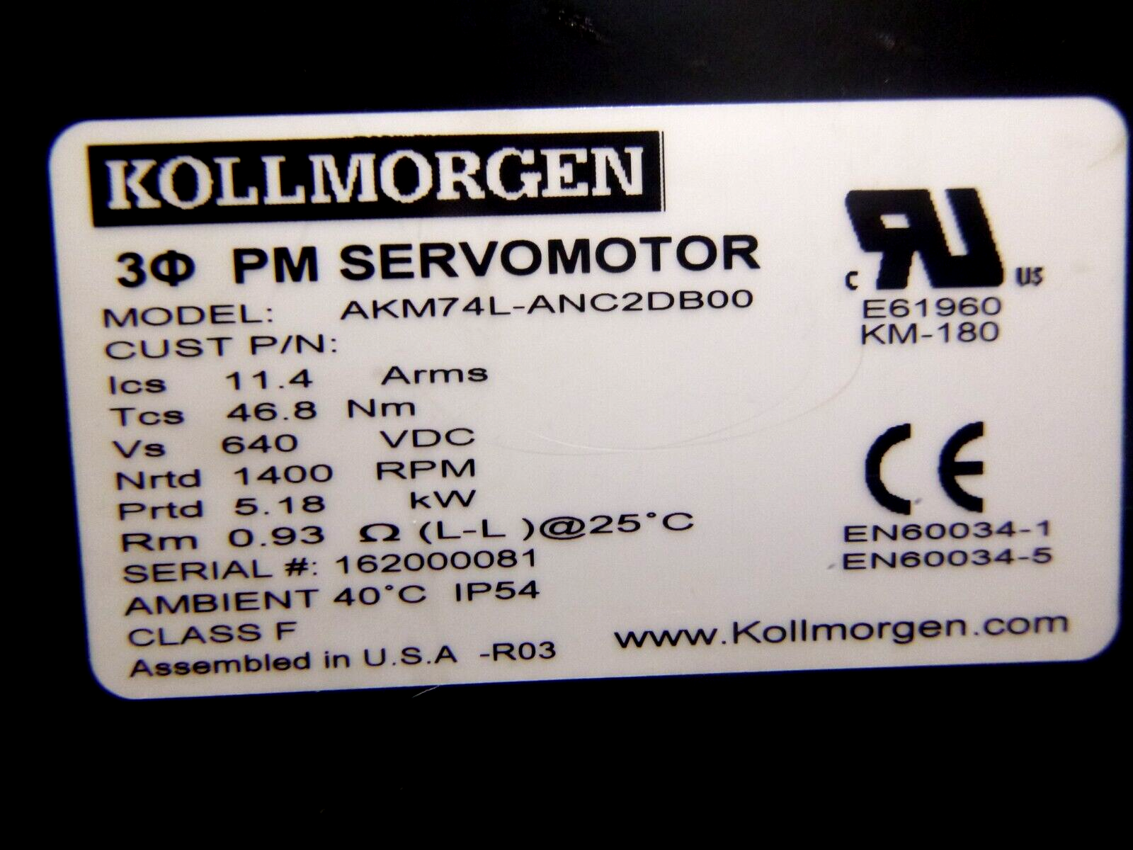 New Kollmorgen AKM74L-ANC2DB00 Servo Motor 5.18 KW, 640 Volt DC, 1400 Rpm | Industrial Electric Motors, Pumps &amp; Parts