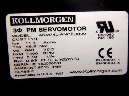 New Kollmorgen AKM74L-ANC2DB00 Servo Motor 5.18 KW, 640 Volt DC, 1400 Rpm | Industrial Electric Motors, Pumps &amp; Parts