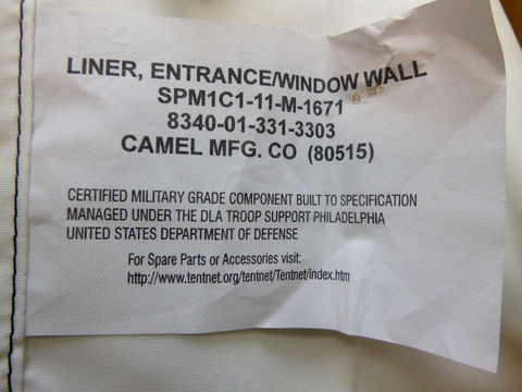 USGI New Military Command Post Tent Entrance Way Window Wall Liner 5-4-6354