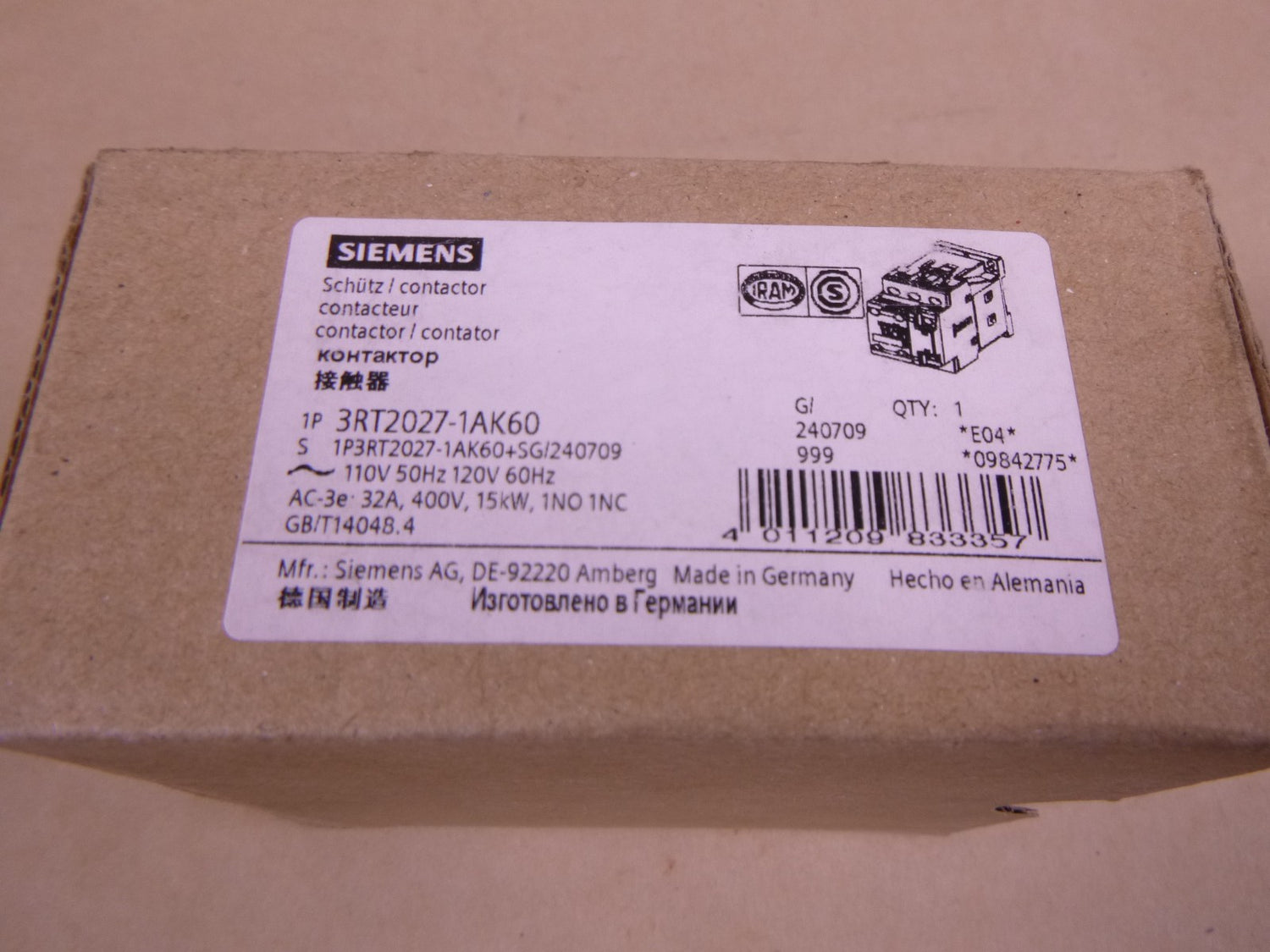 Siemens 3RT2027-1AK60 Contactor SIRIUS 1NO 1NC 110/120V 32A 400V 15KW