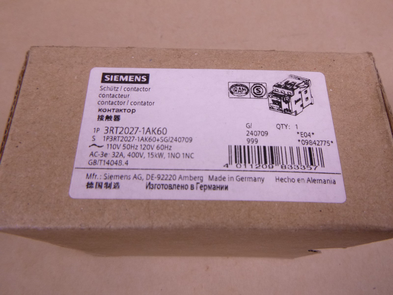 Siemens 3RT2027-1AK60 Contactor SIRIUS 1NO 1NC 110/120V 32A 400V 15KW