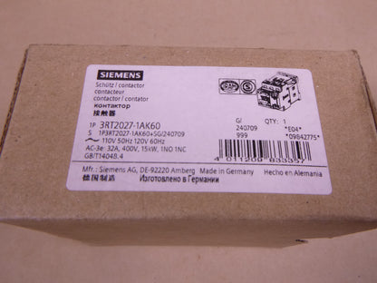 Siemens 3RT2027-1AK60 Contactor SIRIUS 1NO 1NC 110/120V 32A 400V 15KW