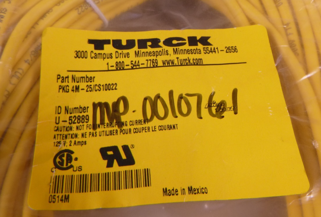 PKG 4M-25/CS10022 Turck Cable Cordset, 125V, 4A, 4 Pin, 25M, U-52889 | Electrical MRO Replacement Parts &amp; Components and Commercial Electrical Supplies Company