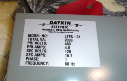LTFS-01 Daykin Elect 2000VA 480V Primary 115V Secondary Transformer Disconnect | Electrical MRO Replacement Parts &amp; Components and Commercial Electrical Supplies Company