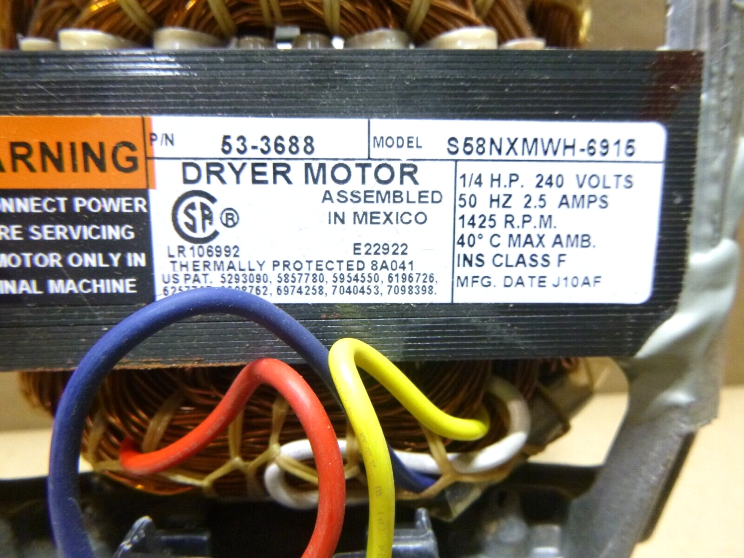 FSP Maytag / Whirlpool Dryer Motor 240 Volt 50 Hz. 1425 Rpm 21001484, 53-3688 | Industrial Electric Motors, Pumps &amp; Parts