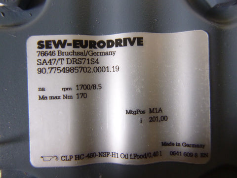 SEW-EURODRIVE SA47/T DRS71S4 Hollow Shaft Gear Motor 1/2 Hp .37 Kw  60 Hz. 3 Ph.