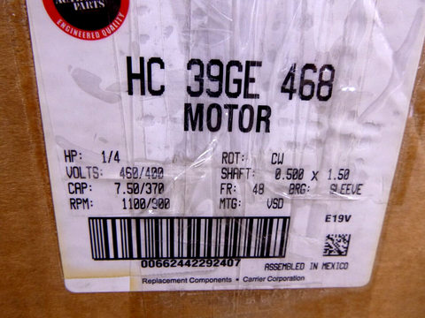 New OEM Carrier Genteq Fan Motor HC39GE468, 1/4 Hp, 1100 Rpm, 460 Volt, CW