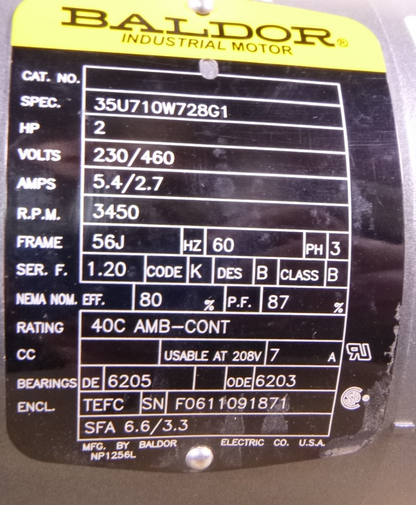 Baldor 2HP Jet Pump Motor 230/460 , 3450 RPM , 3 Phase , 56J , Equivalent JM3555