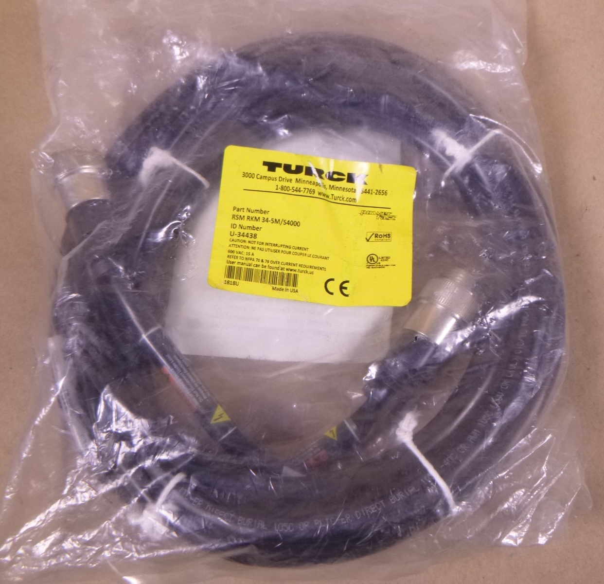 TURCK RSM RKM 34-5M/S4000 Cordset 3-Pin M To F , 600V 15A , U-34438 , 5M | Electrical MRO Replacement Parts &amp; Components and Commercial Electrical Supplies Company